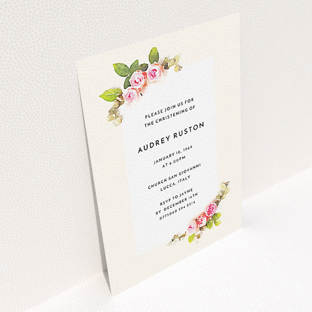 A baptism invitation design named "Rose Corners". It is an A6 invite card in a portrait orientation. "Rose Corners" is available as a flat invite card, with tones of light pink and green.