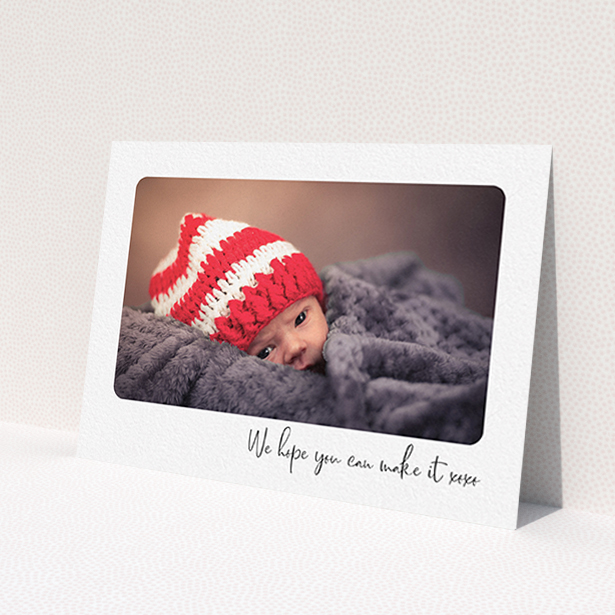 A baptism invitation design called 'Rounded Landscape Photo'. It is an A6 invite card in a landscape orientation. It is a photographic baptism invitation with room for 1 photo. 'Rounded Landscape Photo' is available as a flat invite card, with mainly white colouring.