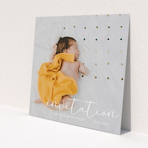 A baptism invitation design called 'Salamanca'. It is a square (148mm x 148mm) invite card in a square orientation. It is a photographic baptism invitation with room for 1 photo. 'Salamanca' is available as a flat invite card, with mainly white colouring.