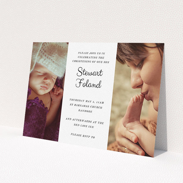 A baptism invitation called 'Sandwich Frame'. It is an A5 invite card in a landscape orientation. It is a photographic baptism invitation with room for 2 photos. 'Sandwich Frame' is available as a flat invite card, with mainly white colouring.