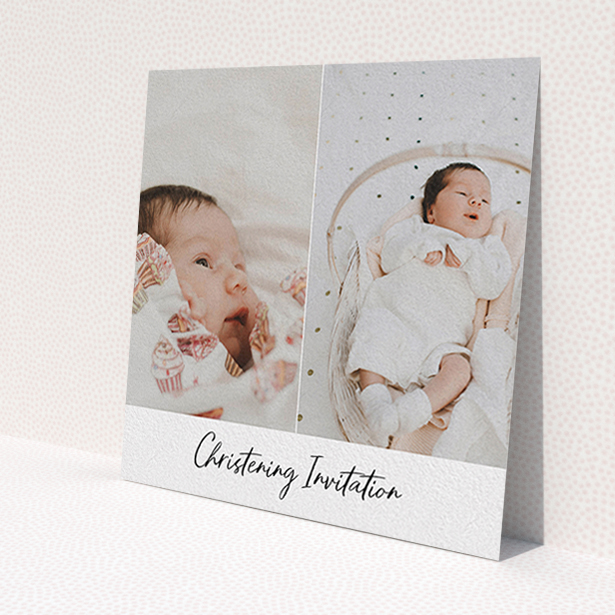 A baptism invitation design named 'Side By Side Photo'. It is a square (148mm x 148mm) invite card in a square orientation. It is a photographic baptism invitation with room for 2 photos. 'Side By Side Photo' is available as a flat invite card, with mainly white colouring.