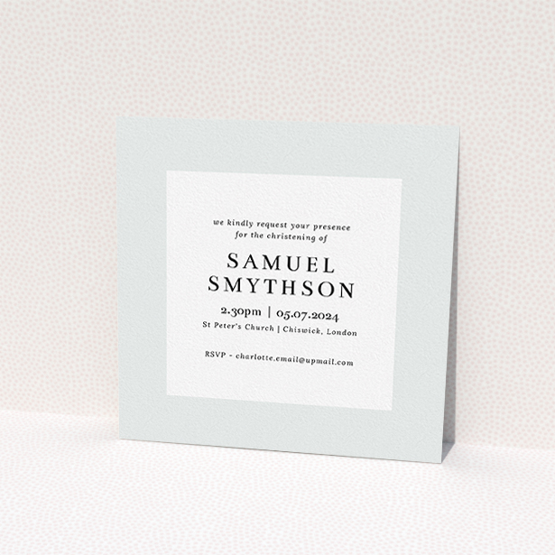 A baptism invitation called "Soho Script". It is a square (148mm x 148mm) invite card in a square orientation. It is a photographic baptism invitation with room for 1 photo. "Soho Script" is available as a flat invite card, with mainly white colouring.