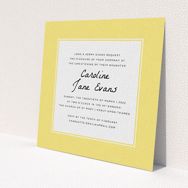 A baptism invitation design titled 'Sunny Tradition'. It is a square (148mm x 148mm) invite card in a square orientation. 'Sunny Tradition' is available as a flat invite card, with tones of yellow and white.