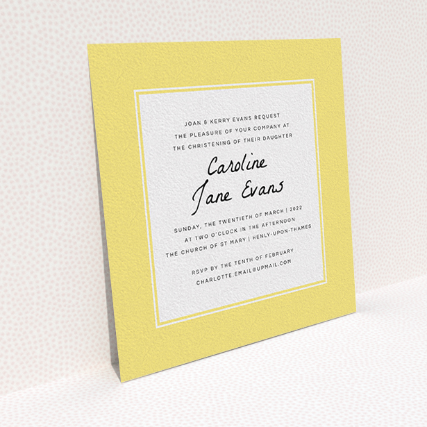 A baptism invitation design titled "Sunny Tradition". It is a square (148mm x 148mm) invite card in a square orientation. "Sunny Tradition" is available as a flat invite card, with tones of yellow and white.