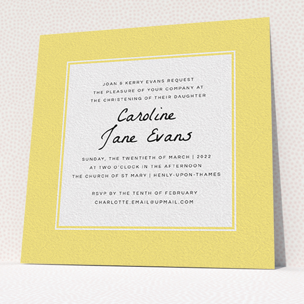 A baptism invitation design titled "Sunny Tradition". It is a square (148mm x 148mm) invite card in a square orientation. "Sunny Tradition" is available as a flat invite card, with tones of yellow and white.