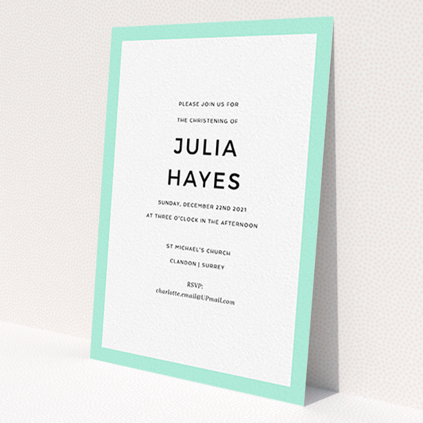 A baptism invitation design called 'Thick Mint'. It is an A6 invite card in a portrait orientation. 'Thick Mint' is available as a flat invite card, with tones of green and white.