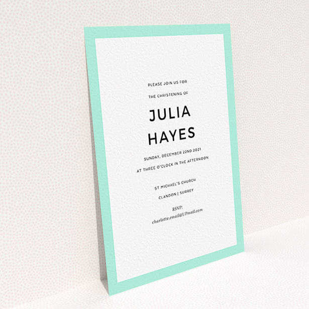 A baptism invitation design called "Thick Mint". It is an A6 invite card in a portrait orientation. "Thick Mint" is available as a flat invite card, with tones of green and white.