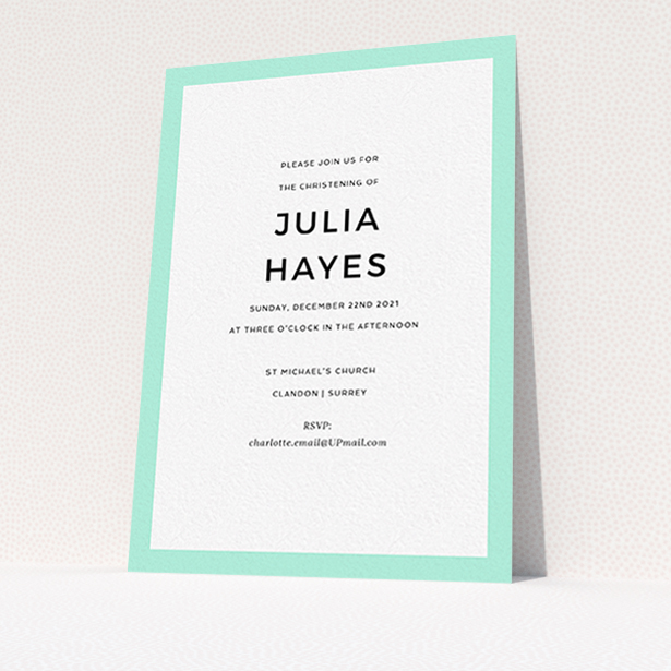 A baptism invitation design called "Thick Mint". It is an A6 invite card in a portrait orientation. "Thick Mint" is available as a flat invite card, with tones of green and white.
