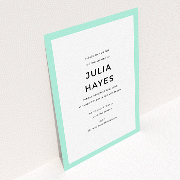A baptism invitation design called "Thick Mint". It is an A6 invite card in a portrait orientation. "Thick Mint" is available as a flat invite card, with tones of green and white.