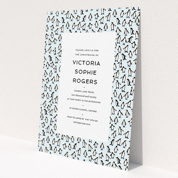 A baptism invitation design titled 'Tiny, Tiny Penguins'. It is an A6 invite card in a portrait orientation. 'Tiny, Tiny Penguins' is available as a flat invite card, with tones of blue and black.