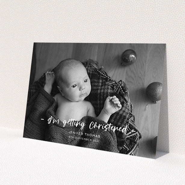 A baptism invitation design named 'To the Point'. It is an A6 invite card in a landscape orientation. It is a photographic baptism invitation with room for 1 photo. 'To the Point' is available as a flat invite card, with mainly white colouring.