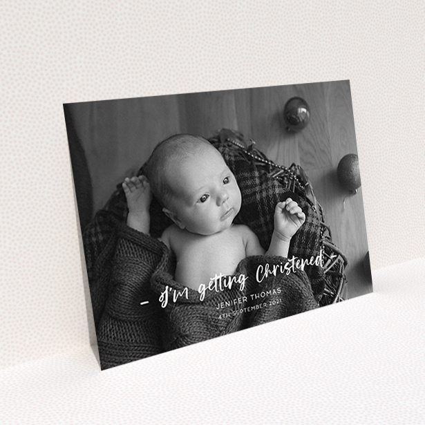 A baptism invitation design named "To the Point". It is an A6 invite card in a landscape orientation. It is a photographic baptism invitation with room for 1 photo. "To the Point" is available as a flat invite card, with mainly white colouring.