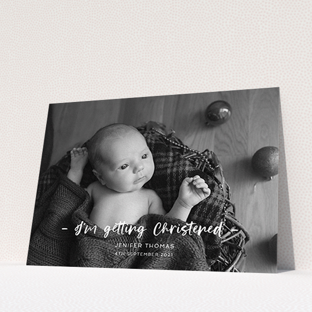 A baptism invitation design named "To the Point". It is an A6 invite card in a landscape orientation. It is a photographic baptism invitation with room for 1 photo. "To the Point" is available as a flat invite card, with mainly white colouring.