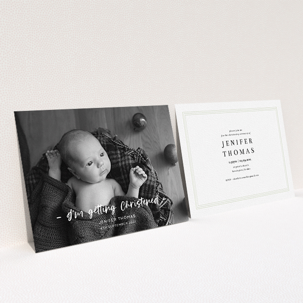 A baptism invitation design named "To the Point". It is an A6 invite card in a landscape orientation. It is a photographic baptism invitation with room for 1 photo. "To the Point" is available as a flat invite card, with mainly white colouring.