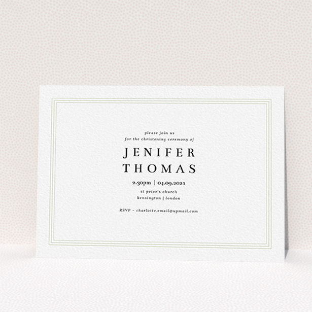 A baptism invitation design named "To the Point". It is an A6 invite card in a landscape orientation. It is a photographic baptism invitation with room for 1 photo. "To the Point" is available as a flat invite card, with mainly white colouring.