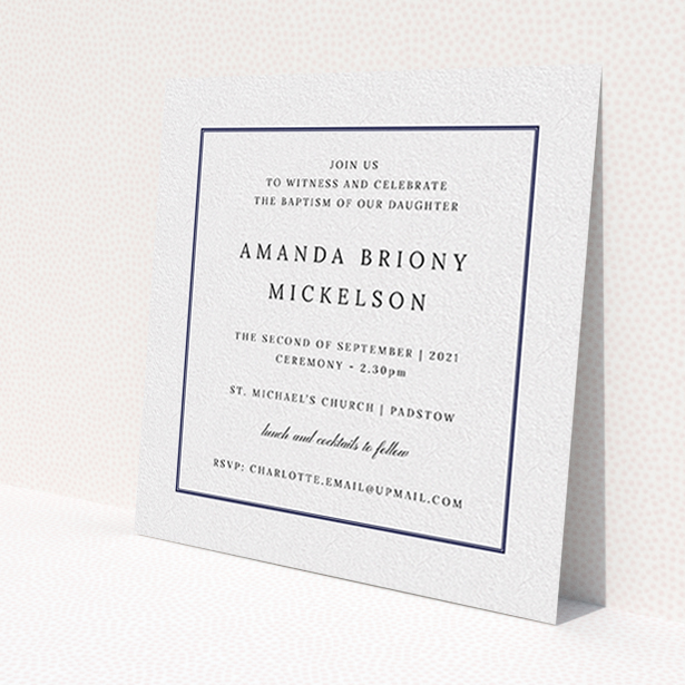 A baptism invitation design called 'Tradition'. It is a square (148mm x 148mm) invite card in a square orientation. 'Tradition' is available as a flat invite card, with tones of white and blue.
