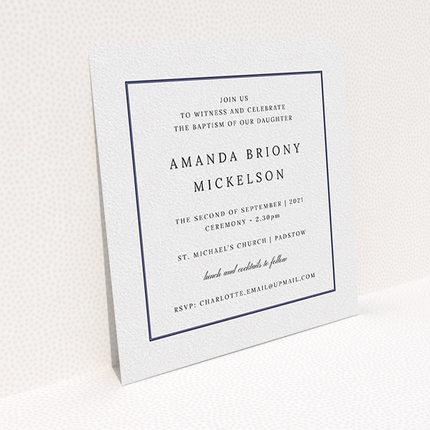 A baptism invitation design called "Tradition". It is a square (148mm x 148mm) invite card in a square orientation. "Tradition" is available as a flat invite card, with tones of white and blue.