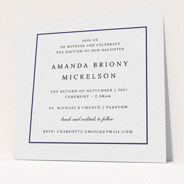 A baptism invitation design called "Tradition". It is a square (148mm x 148mm) invite card in a square orientation. "Tradition" is available as a flat invite card, with tones of white and blue.