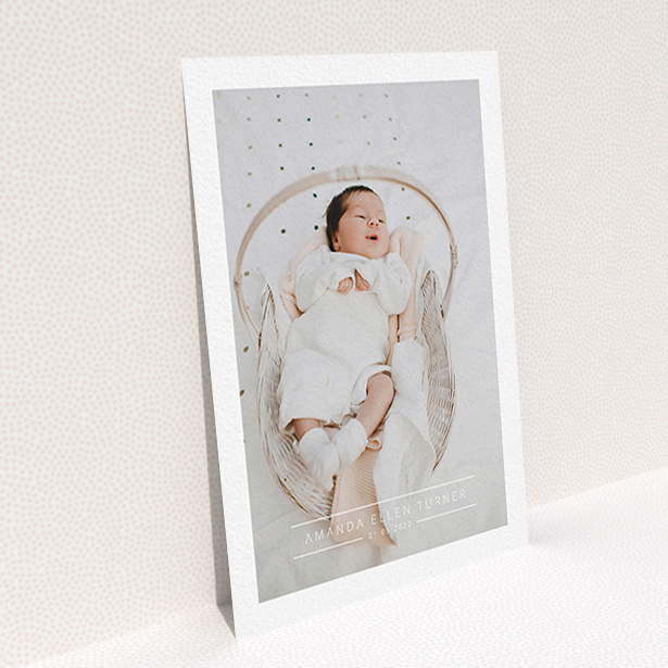 A baptism invitation template titled "Tramlines". It is an A6 invite card in a portrait orientation. It is a photographic baptism invitation with room for 1 photo. "Tramlines" is available as a flat invite card, with mainly white colouring.