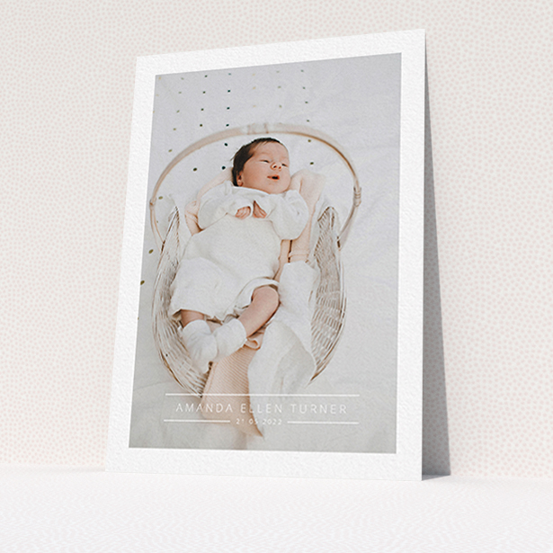 A baptism invitation template titled "Tramlines". It is an A6 invite card in a portrait orientation. It is a photographic baptism invitation with room for 1 photo. "Tramlines" is available as a flat invite card, with mainly white colouring.