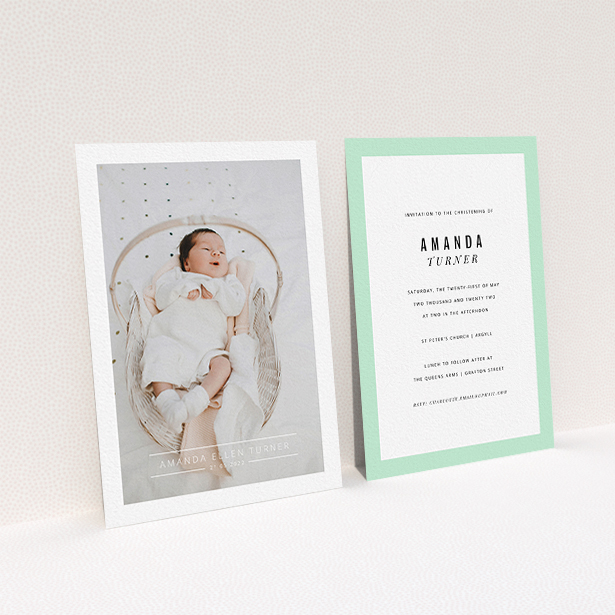 A baptism invitation template titled "Tramlines". It is an A6 invite card in a portrait orientation. It is a photographic baptism invitation with room for 1 photo. "Tramlines" is available as a flat invite card, with mainly white colouring.