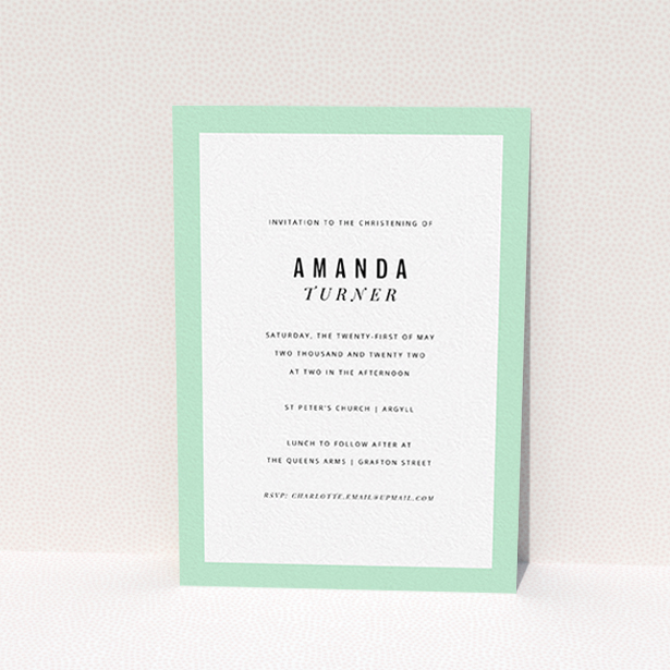 A baptism invitation template titled "Tramlines". It is an A6 invite card in a portrait orientation. It is a photographic baptism invitation with room for 1 photo. "Tramlines" is available as a flat invite card, with mainly white colouring.