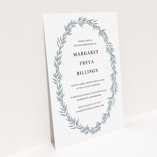 A baptism invitation design titled "Tussled Wreath". It is an A6 invite card in a portrait orientation. "Tussled Wreath" is available as a flat invite card, with tones of blue and white.