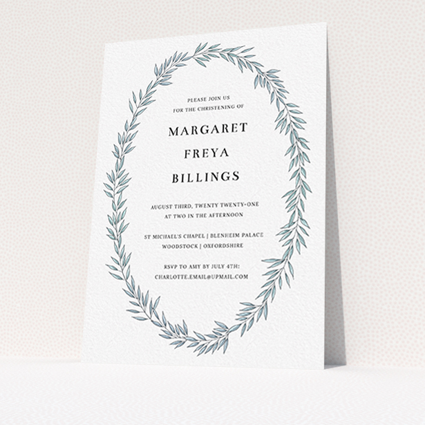 A baptism invitation design titled "Tussled Wreath". It is an A6 invite card in a portrait orientation. "Tussled Wreath" is available as a flat invite card, with tones of blue and white.