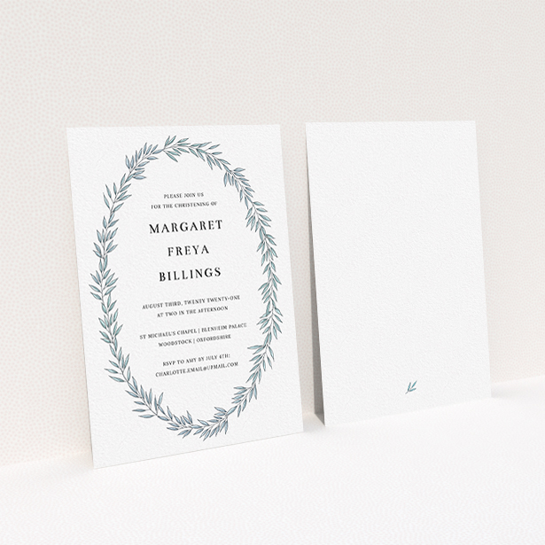 A baptism invitation design titled "Tussled Wreath". It is an A6 invite card in a portrait orientation. "Tussled Wreath" is available as a flat invite card, with tones of blue and white.