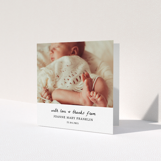 A baptism thank you card called 'Black and White Thanks'. It is a square (148mm x 148mm) card in a square orientation. It is a photographic baptism thank you card with room for 1 photo. 'Black and White Thanks' is available as a folded card, with mainly white colouring.