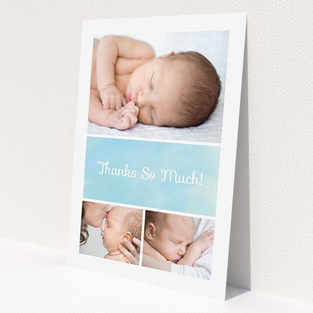 A baptism thank you card design named 'Block Tower'. It is an A6 card in a portrait orientation. It is a photographic baptism thank you card with room for 3 photos. 'Block Tower' is available as a flat card, with tones of blue and white.
