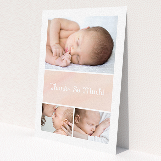 A baptism thank you card design called 'Block Tower'. It is an A6 card in a portrait orientation. It is a photographic baptism thank you card with room for 3 photos. 'Block Tower' is available as a flat card, with tones of pink and white.