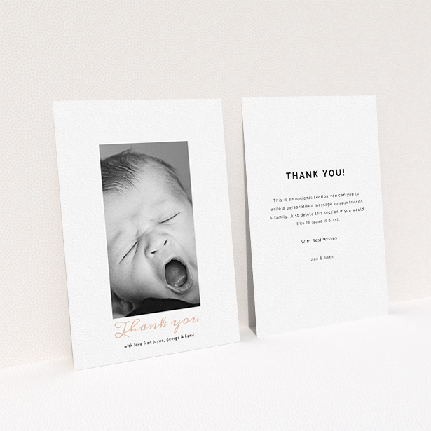 A baptism thank you card design called "Central Portrait". It is an A6 card in a portrait orientation. It is a photographic baptism thank you card with room for 1 photo. "Central Portrait" is available as a flat card, with tones of white and pink.