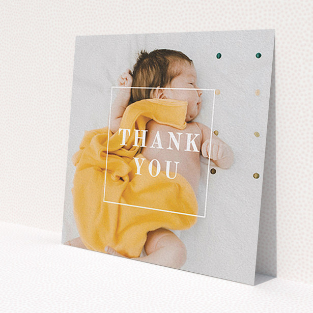 A baptism thank you card called 'Central Thanks'. It is a square (148mm x 148mm) card in a square orientation. It is a photographic baptism thank you card with room for 1 photo. 'Central Thanks' is available as a flat card, with mainly white colouring.