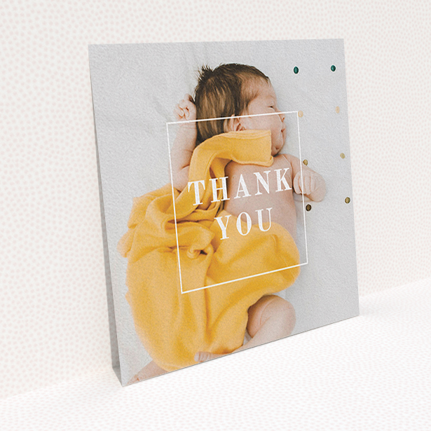 A baptism thank you card called "Central Thanks". It is a square (148mm x 148mm) card in a square orientation. It is a photographic baptism thank you card with room for 1 photo. "Central Thanks" is available as a flat card, with mainly white colouring.
