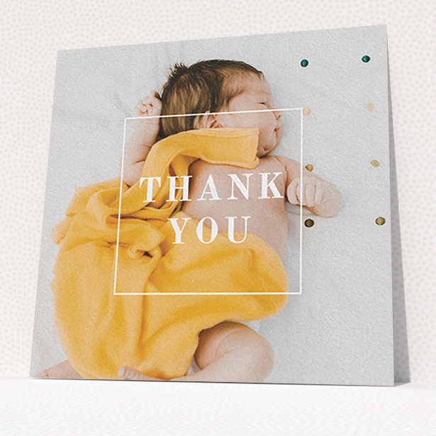 A baptism thank you card called "Central Thanks". It is a square (148mm x 148mm) card in a square orientation. It is a photographic baptism thank you card with room for 1 photo. "Central Thanks" is available as a flat card, with mainly white colouring.