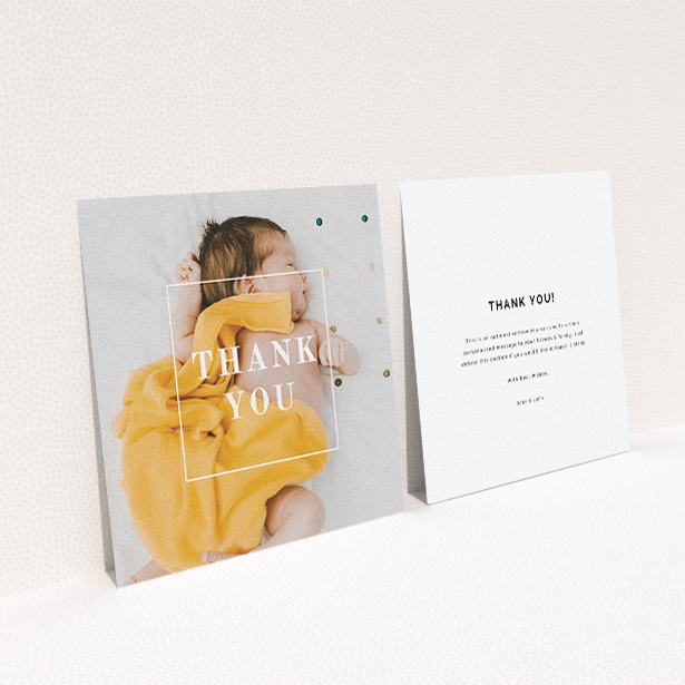 A baptism thank you card called "Central Thanks". It is a square (148mm x 148mm) card in a square orientation. It is a photographic baptism thank you card with room for 1 photo. "Central Thanks" is available as a flat card, with mainly white colouring.