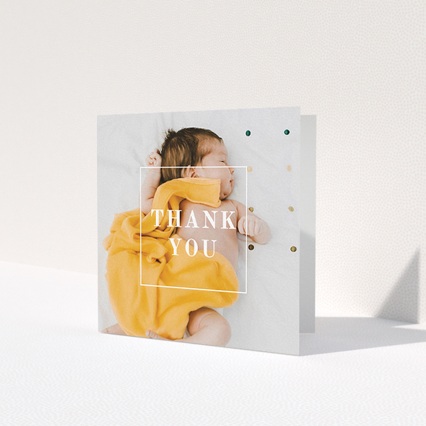 A baptism thank you card design titled 'Central Thanks'. It is a square (148mm x 148mm) card in a square orientation. It is a photographic baptism thank you card with room for 1 photo. 'Central Thanks' is available as a folded card, with mainly white colouring.