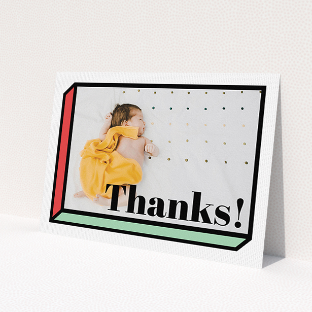 A baptism thank you card called 'Chip Off The Old Block'. It is an A5 card in a landscape orientation. It is a photographic baptism thank you card with room for 1 photo. 'Chip Off The Old Block' is available as a flat card, with tones of green and red.