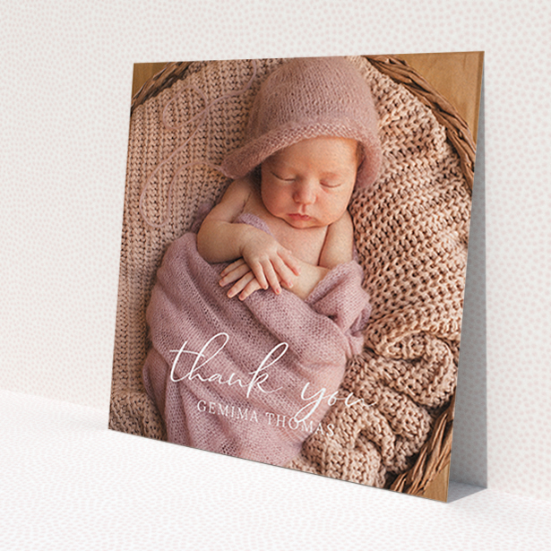 A baptism thank you card named 'Classic Thank You'. It is a square (148mm x 148mm) card in a square orientation. It is a photographic baptism thank you card with room for 1 photo. 'Classic Thank You' is available as a flat card, with mainly white colouring.