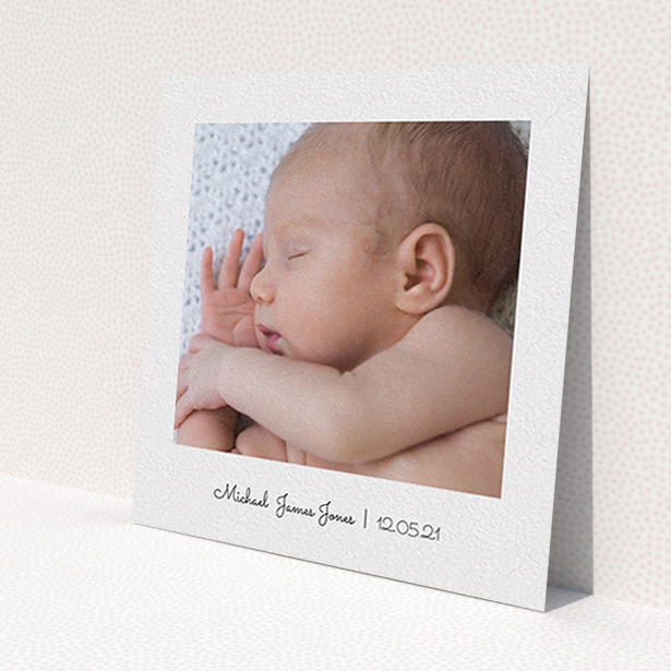 A baptism thank you card template titled 'Classic Thank You with Photo'. It is a square (148mm x 148mm) card in a square orientation. It is a photographic baptism thank you card with room for 1 photo. 'Classic Thank You with Photo' is available as a flat card, with mainly white colouring.
