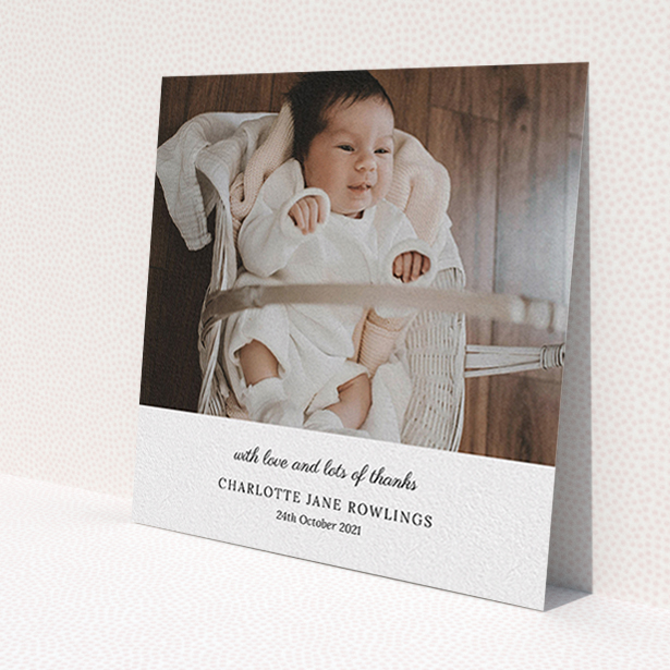 A baptism thank you card design called 'Classic Wedding Thanks'. It is a square (148mm x 148mm) card in a square orientation. It is a photographic baptism thank you card with room for 1 photo. 'Classic Wedding Thanks' is available as a flat card, with mainly white colouring.
