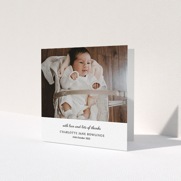 A baptism thank you card template titled 'Classic Wedding Thanks'. It is a square (148mm x 148mm) card in a square orientation. It is a photographic baptism thank you card with room for 1 photo. 'Classic Wedding Thanks' is available as a folded card, with mainly white colouring.