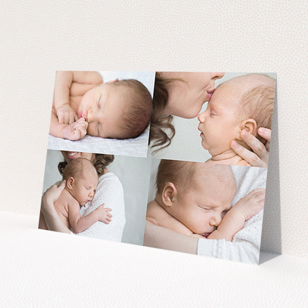A baptism thank you card named 'No Border Frames'. It is an A6 card in a landscape orientation. It is a photographic baptism thank you card with room for 3 photos. 'No Border Frames' is available as a flat card, with mainly white colouring.