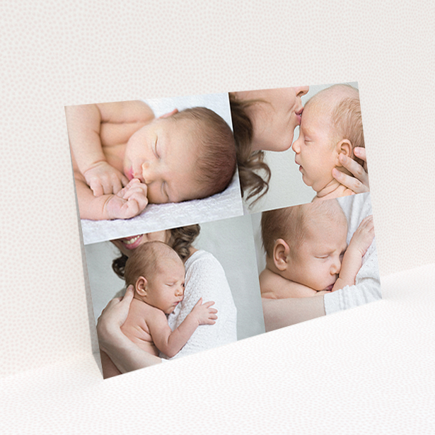 A baptism thank you card named "No Border Frames". It is an A6 card in a landscape orientation. It is a photographic baptism thank you card with room for 3 photos. "No Border Frames" is available as a flat card, with mainly white colouring.