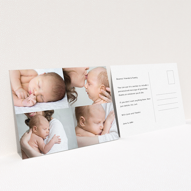 A baptism thank you card named "No Border Frames". It is an A6 card in a landscape orientation. It is a photographic baptism thank you card with room for 3 photos. "No Border Frames" is available as a flat card, with mainly white colouring.