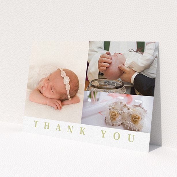 A baptism thank you card design titled 'One and Two Half Frames'. It is an A6 card in a landscape orientation. It is a photographic baptism thank you card with room for 3 photos. 'One and Two Half Frames' is available as a flat card, with tones of white and gold.
