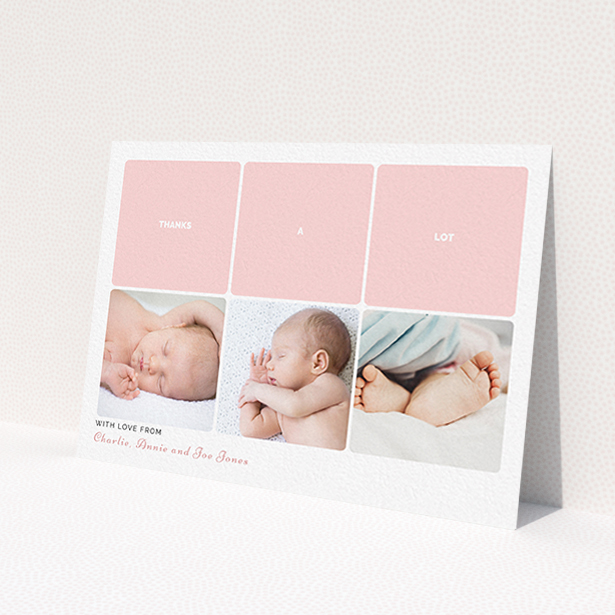 A baptism thank you card design titled 'Our Little One'. It is an A6 card in a landscape orientation. It is a photographic baptism thank you card with room for 3 photos. 'Our Little One' is available as a flat card, with tones of pink and white.