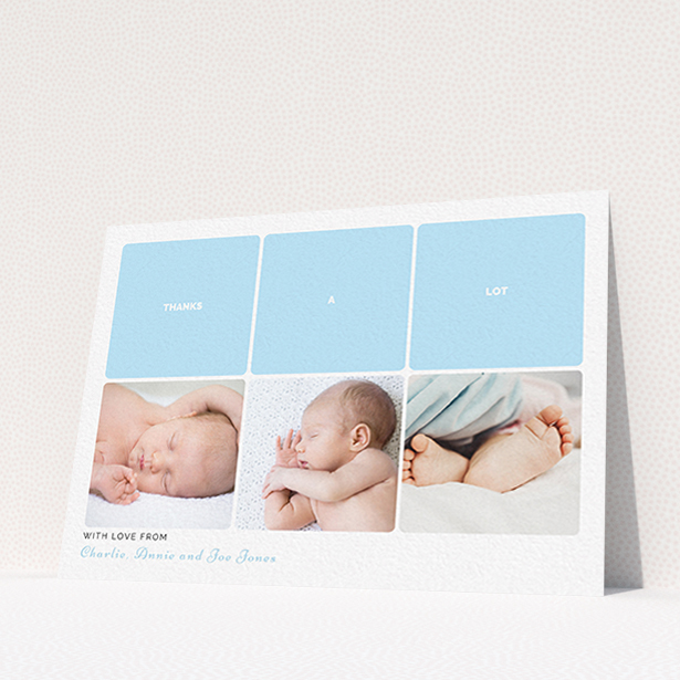 A baptism thank you card design called "Our Little One". It is an A6 card in a landscape orientation. It is a photographic baptism thank you card with room for 3 photos. "Our Little One" is available as a flat card, with tones of blue and white.