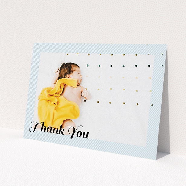 A baptism thank you card template titled 'Pastel Diagonals'. It is an A5 card in a landscape orientation. It is a photographic baptism thank you card with room for 1 photo. 'Pastel Diagonals' is available as a flat card, with mainly blue colouring.